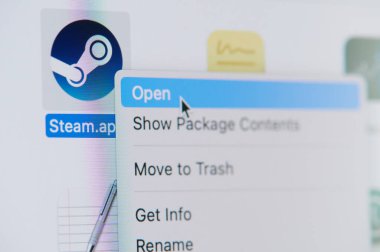 New york, USA - April 19, 2021: Open steam app platform on laptop screen macro close up view
