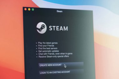 New york, USA - April 19, 2021: Create new account in steam platform on laptop screen macro close up view