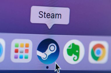New york, USA - April 19, 2021:Click and open steam game platform on laptop screen macro close up view