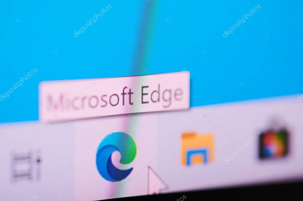 New york, USA - May 17, 2021:Start microsoft edge app on windows os in screen macro close up view