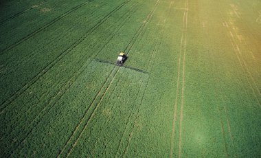 Parlak güneşli gün perspektifli drone görünümlü yeşil alanlar gübreleniyor