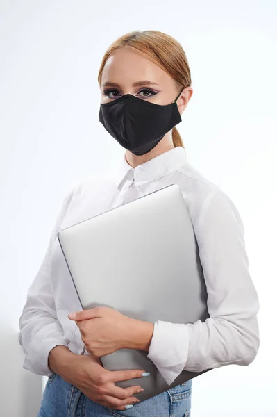 Young Woman Student Mask Hold Laptop Isolated White Studio Background — Stock Photo, Image