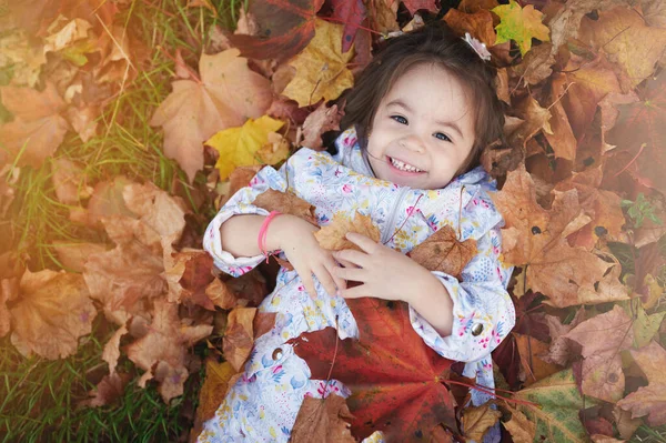 Bastante Feliz Niña Sonriente Retrato Alrededor Fondo Hoja Otoño Amarillo — Foto de Stock