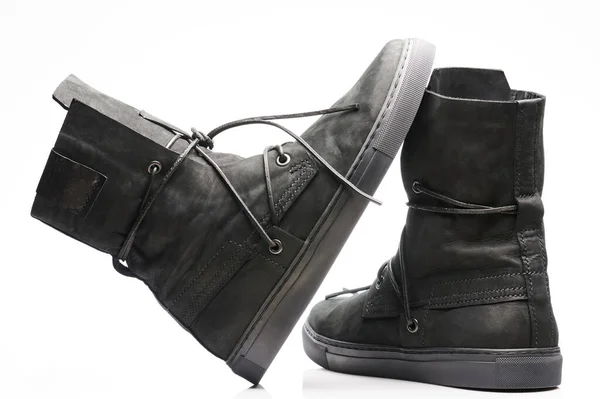 Zapatos Cuero Negro Alto Con Cordones Aislados Fondo Del Estudio —  Fotos de Stock