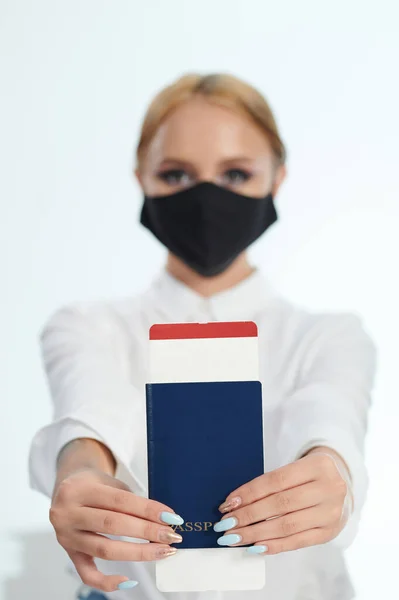 Passport Flight Ticket Woman Hands Blurred Background — Stock Photo, Image