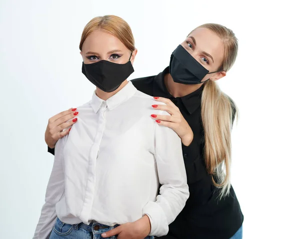 Two Pretty Girls Mask Isolated White Studio Background — Stock Photo, Image