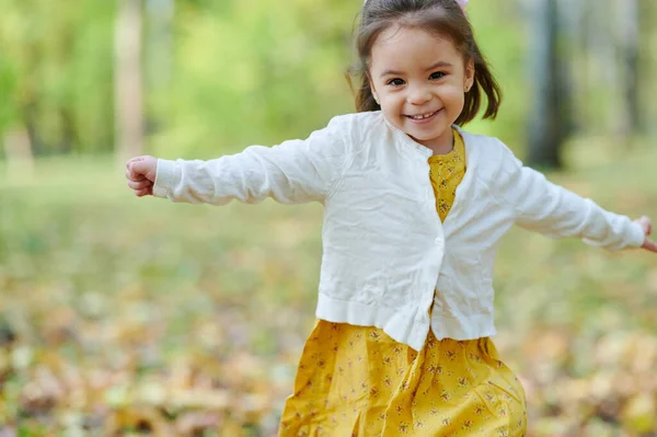 Feliz Niña Pequeña Correr Parque Otoño Sobre Fondo Borroso — Foto de Stock