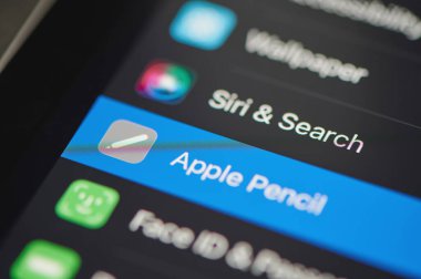 New York, ABD - 24 Eylül 2021: Pad panel üzerindeki elmalı kalem menüsünü kalem kullanarak kapat