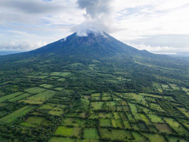 Green landscape with concepcion volcano in Ometepe island aerial drone view