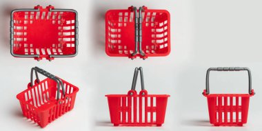 Kırmızı plastik alışveriş sepeti beyaz stüdyo arka planında farklı bir görünüm izole etti