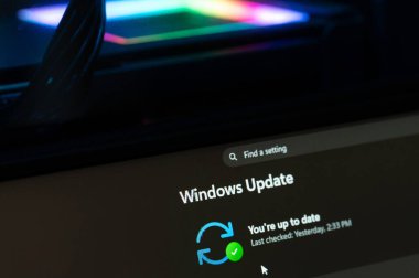 New York, ABD - 3 Mart 2026: Sistem ayarlarındaki pencere güncellemesi bilgisayar ekranındaki makro görünümü kapat