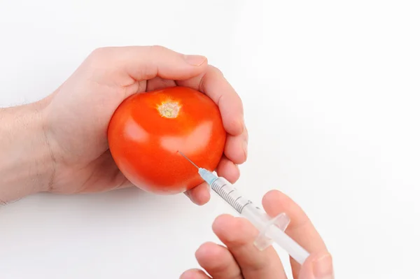 Tomate transgénico con jeringa —  Fotos de Stock