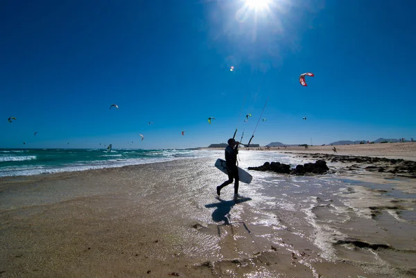 대서양에 있는 해변에 Kitesurfer — 스톡 사진