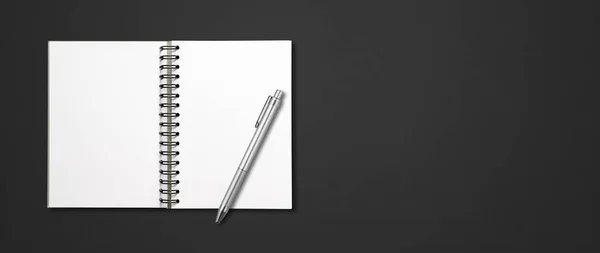 Blanco Open Spiraal Notebook Mockup Pen Geïsoleerd Zwarte Horizontale Banner — Stockfoto