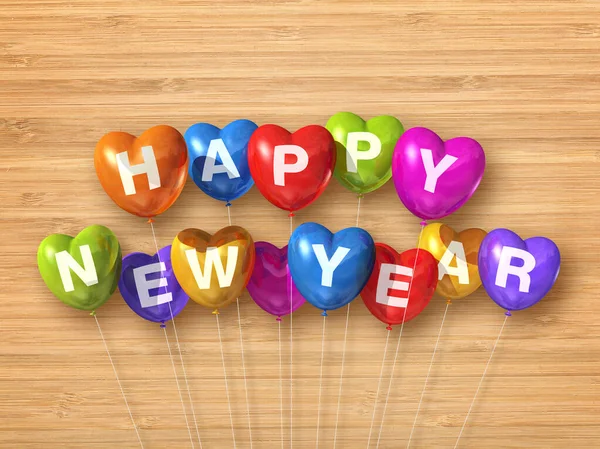 Kleurrijke Vrolijk Nieuwjaar Hartvormige Luchtballonnen Een Houten Achtergrond Illustratie Renderen — Stockfoto