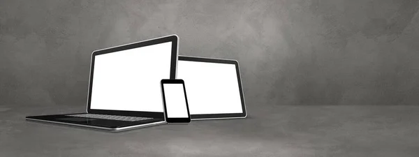 Laptop Mobiltelefon Och Digital Surfplatta Betongkontor Bakgrund Till Banderollen Illustration — Stockfoto