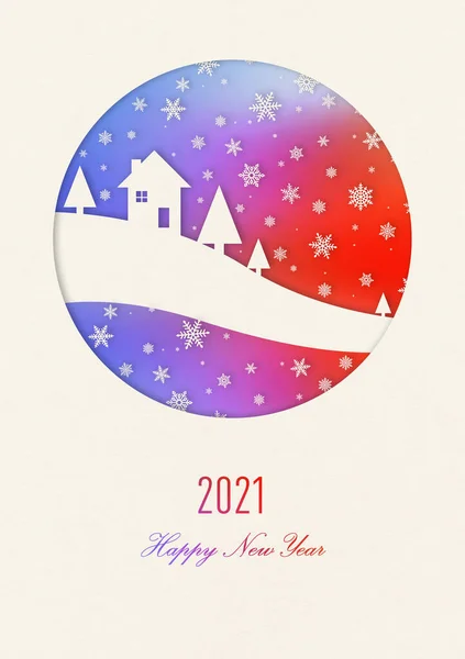 Happy New Year Rainbow Vintage Card House Snowflakes 2021 — Stock Photo, Image