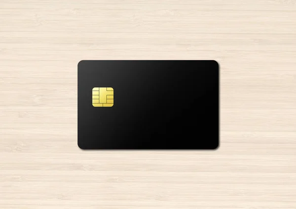木制背景上的黑色信用卡模板 3D插图 — 图库照片