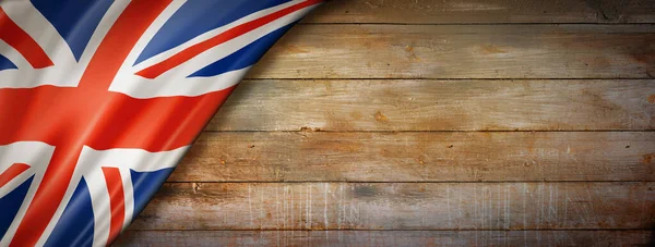 Великобритания Флаг Великобритании Старинной Деревянной Стене Горизонтальное Панорамное Знамя — стоковое фото
