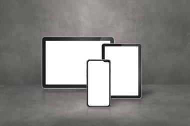 Beton ofis sahnesinde cep telefonu ve dijital tablet bilgisayar. 3B Görüntü