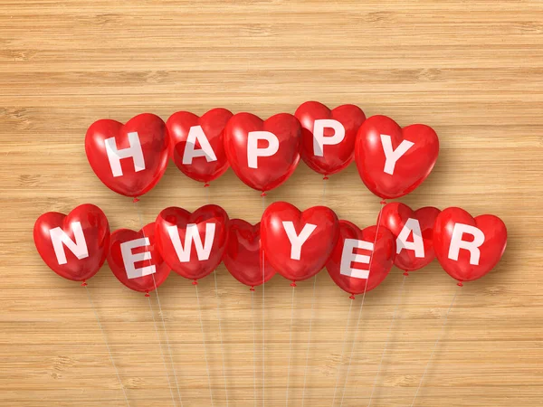 Rot Frohes Neues Jahr Herzförmige Luftballons Auf Einem Hölzernen Hintergrund — Stockfoto