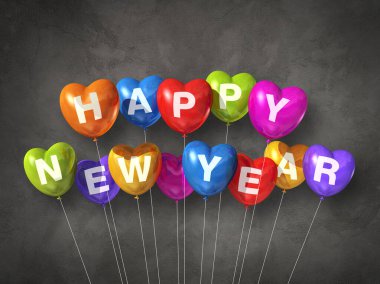 Renkli mutlu yeni yıl balonları şeklinde koyu beton bir arka planda. 3B illüstrasyon oluşturucu