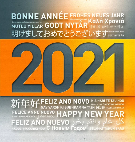 Feliz Ano Novo 2021 Cartão Felicitações Mundo Diferentes Idiomas — Fotografia de Stock