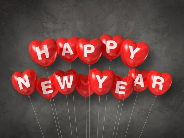 Rote Herzförmige Luftballons Zum Neuen Jahr Auf Dunklem Betongrund Illustrationsrenderer — Stockfoto