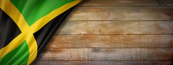Флаг Ямайки Старинной Деревянной Стене Горизонтальное Панорамное Знамя — стоковое фото