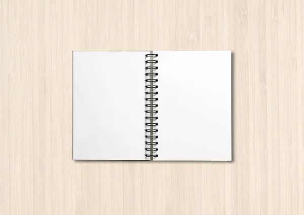 Aperto Vuoto Spirale Notebook Mockup Isolato Sfondo Legno Bianco — Foto Stock