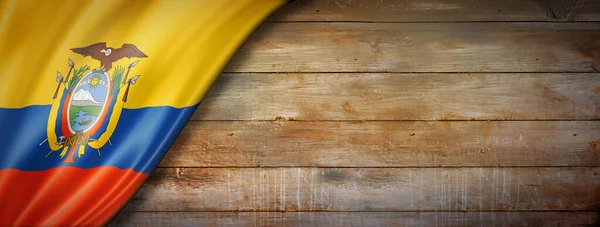 Flaga Ekwadoru Drewnianej Ścianie Poziomy Baner Panoramiczny — Zdjęcie stockowe