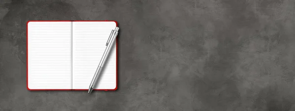 Rood Open Gevoerde Notebook Mockup Met Een Pen Geïsoleerd Donkere — Stockfoto