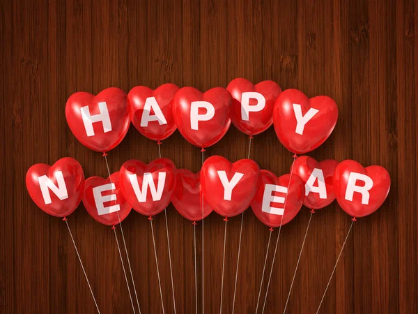 Červený Šťastný Nový Rok Srdce Tvaru Vzduchové Balónky Tmavém Dřevěném — Stock fotografie