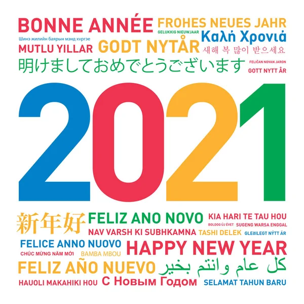 Happy New Year 2021 Card World Different Languages Colors — Stock Photo, Image