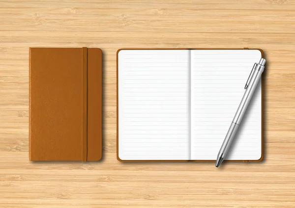 Carnets Doublés Fermés Ouverts Cuir Avec Stylo Mockup Isolé Sur — Photo