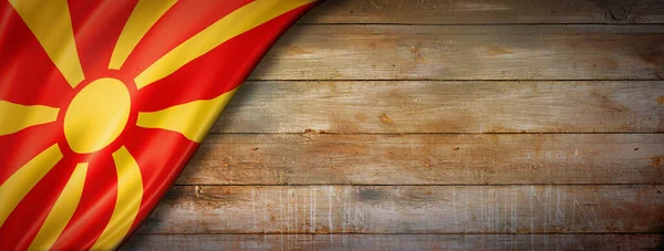 Прапор Македонії Старовинній Дерев Яній Стіні Горизонтальний Панорамний Прапор — стокове фото