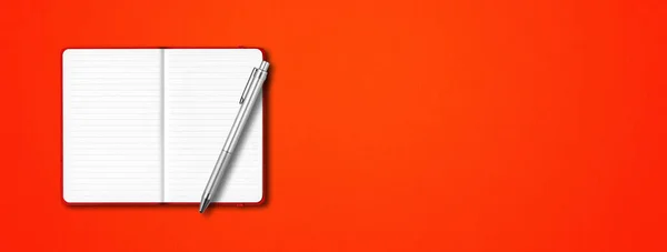 Red Open Lined Notebook Mockup Pen Isolated Colorful Background Horizontal — Stock Photo, Image