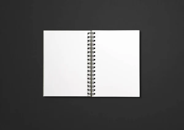 Blanc Ouvert Spirale Notebook Maquette Isolé Sur Fond Noir — Photo