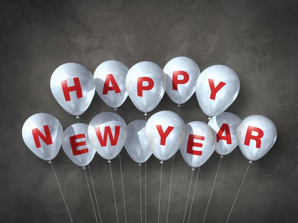 Blanco Feliz Año Nuevo Globos Aire Sobre Fondo Hormigón Oscuro —  Fotos de Stock