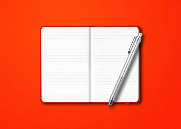 Vermelho Aberto Forrado Notebook Mockup Com Uma Caneta Isolada Fundo — Fotografia de Stock