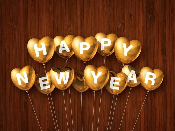 Goud Gelukkig Nieuwjaar Hartvormige Luchtballonnen Een Donkere Houten Achtergrond Illustratie — Stockfoto