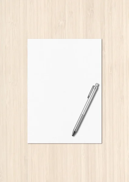 Blank Paper Sheet Pen Mockup Template Isolated White Wooden Background — Stock Photo, Image