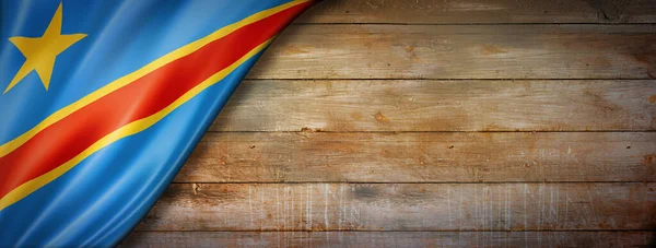 Demokratická Republika Kongo Vlajka Staré Dřevěné Zdi Horizontální Panoramatický Nápis — Stock fotografie