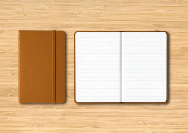 Cuoio Chiuso Aperto Foderato Notebook Mockup Isolato Sfondo Legno — Foto Stock