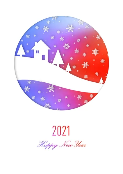 Ευτυχισμένο Νέο Έτος Ουράνιο Τόξο Κάρτα Χειμώνα Ένα Σπίτι Κάτω — Φωτογραφία Αρχείου