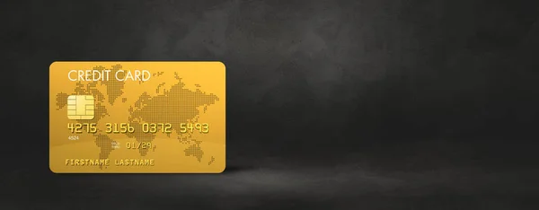 Gold credit card template on a black concrete background banner. 3D illustration