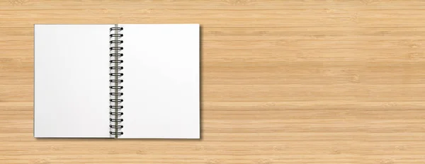 Mockup Caderno Espiral Aberto Branco Isolado Banner Horizontal Madeira — Fotografia de Stock