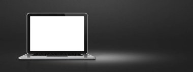 Siyah ofis arkaplanındaki dizüstü bilgisayar. Yatay pankart. 3B Görüntü