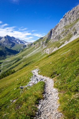 Pralognan la Vanoise Ulusal Parkı 'ndaki dağ ve yürüyüş yolu manzarası. Fransız Alpleri