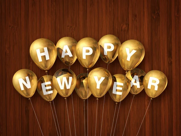 Oro Feliz Año Nuevo Globos Aire Sobre Fondo Madera Oscura —  Fotos de Stock